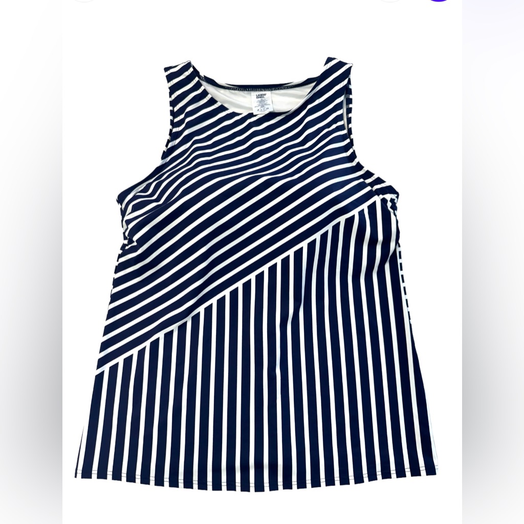 Lands’ End High Neck Modest Deep Sea Navy Diagonal Stripe Tankini Sz. 14l
